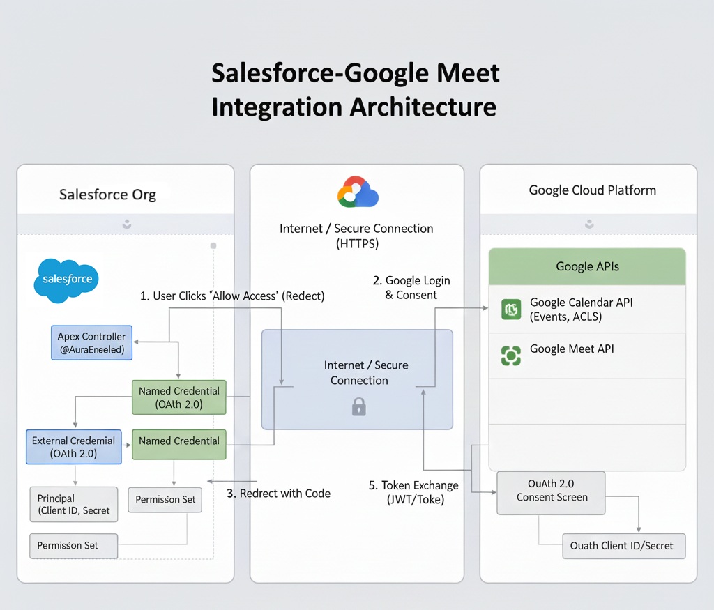 Integrate Google Meet with Salesforce Architecture Diagram